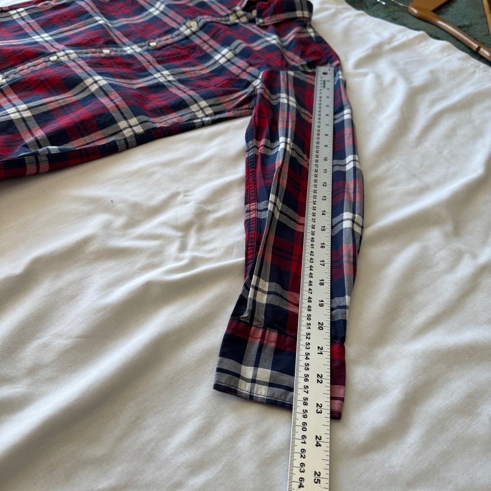 Uniqlo Mens Plaid Button Down Long Sleeve Shirt Red Blue Medium Grunge College - Picture 10 of 13
